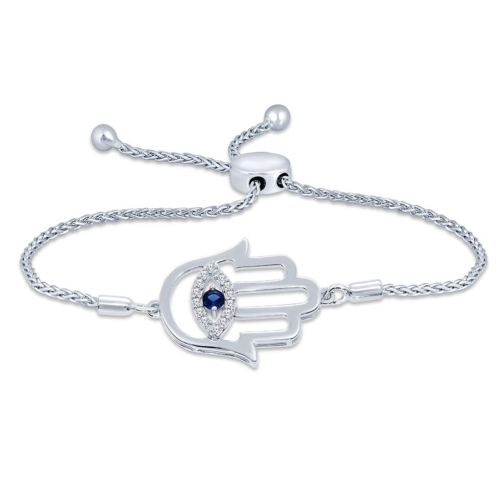 Elmas JewelryElmas Round White Diamond Synthetic Blue Sapphire 925 Sterling Silver Infinity Heart Hamsa Evil Eye Strand Bolo Bracelet for Women