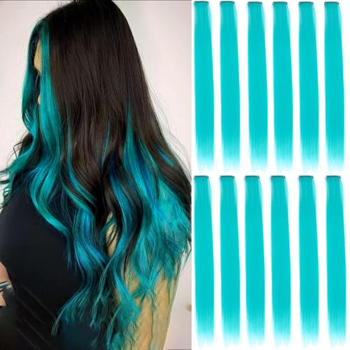 GZVIS 12 Pcs Teal-Blue hair extensions 22 Inch Straight colored hair colorful clip in extensions Highlight Party for Kids Girls and Women Gift (Teal-Blue 07)