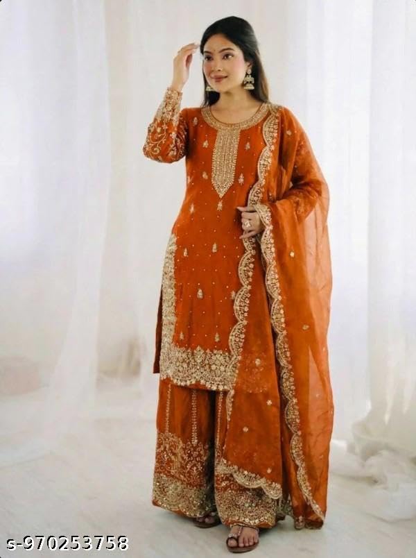 Image of Women's Casual Salwar Suit Pure Heavy Fendy Silk With Embroidery Sequence Work Full Sleeves Salwar Suit With Dupatta.Women's Ethnic Wear