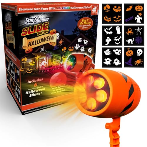 Star Shower Show LED Projector, AS SEEN ON TV, Showcase Your Home with Full-Color Holiday, Use 2 or More for Spectacular Results, Hassle-Free, Includes 6 Halloween Slides, 7 in, Orange