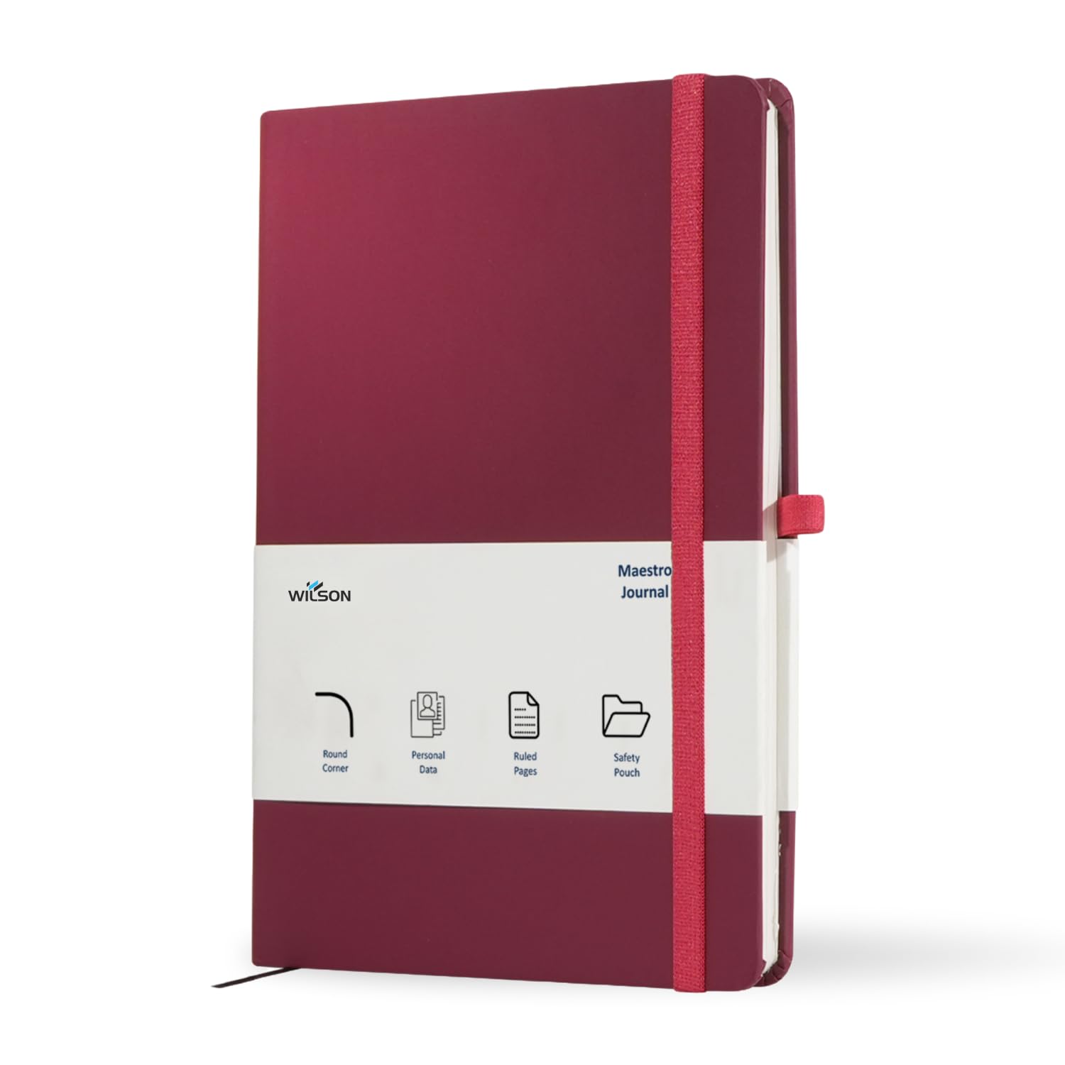 Wilson Notebook Journal, Maestro Journal Notebook Ruled Paper - A5 size 80 GSM Thick Lined Paper Hard Cover Classic Writing Journals, Diary with Rear Pocket & Pen Holder, Pack of 1, Maroon — image 1