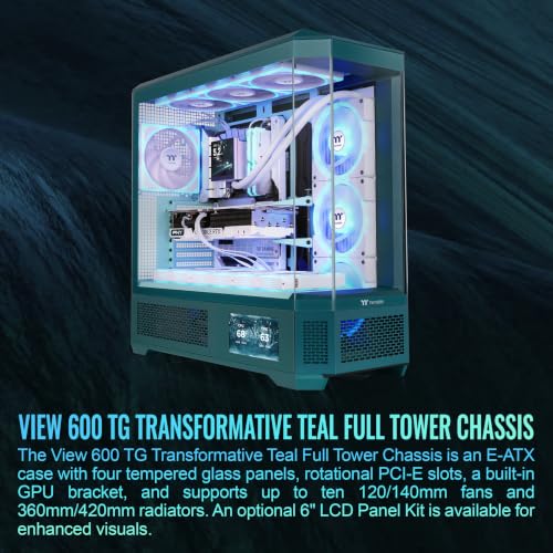 Image of Thermaltake View 600 TG; Full Tower; 420mm Radiator Support; 480mm GPU Clearance; Hidden Connector Support; Rotatable PCIe Slots; 220mm PSU Clearance; Transformative Teal; CA-11H-00FTWN-00