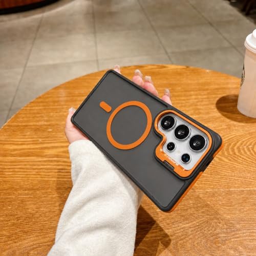 Image of LuxuryKase Smoked Clear MagSafe Case for Samsung Galaxy S24 Ultra | Metal Camera Guard Kickstand | Rugged Grip Edge | Hard PC Back + Soft TPU | Wireless Charging Support - Orange