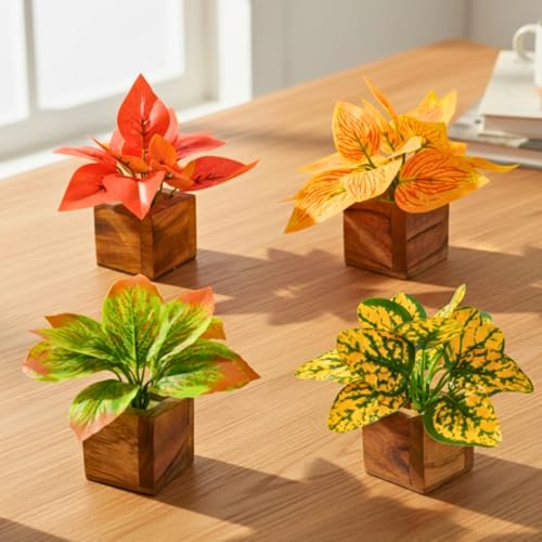 Image of DecoreBugs Artificial Leaves Potted Plants in Wooden Pot (4 Pack) Money Plant | Small Plants for Home Decor | Office Decor