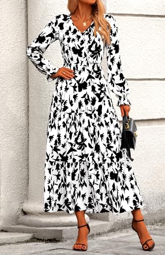 BTFBM Women Fall Dresses 2025 Casual Long Sleeve V Neck Maxi Dresses Floral Boho Long Dress Wedding Guest Dress