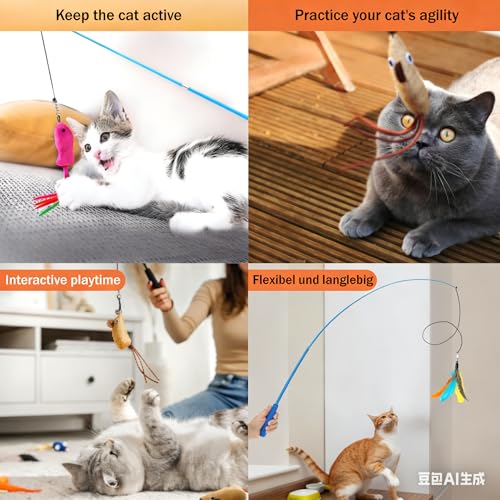 Katzenspielzeug Set 15-teilig – Katzenangel mit Feder- & Mäuseköpfen – Verstellbare Angel für interaktiven Spielspaß & Selbstbeschäftigung