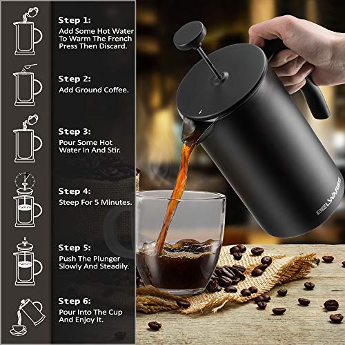 Belwares Large French Press Coffee Maker with Extra Filters for a Richer and Fuller Coffee Flavor, Designed with Double Wall Black Stainless Steel (50oz) Perfect Gift Idea