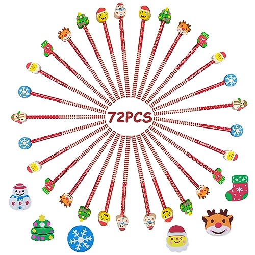 72 Pcs Matita del Natale con Gomma, Natale Matite del Legno di Fumetto con Gomma Gadge, Matite Natalizie per Regalo Fine Anno Scolastico, Regalini Natalizi Economici