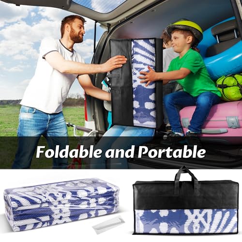 RV Outdoor Rug with Lights 9x12ft, Outdoor Camping Rug, Waterproof, Easy Cleaning, Non Shedding, Foldable and Portable, Reversible Mats for RV, Deck, Beach, Camping, Patio, Picnic (Blue & White)