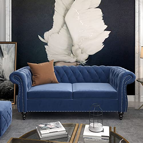 Image of ORRD 2 Pieces Living Room Set, Velvet Couch Chesterfield Sofa Loveseat with Scroll Arms and Nailhead for Living Room, Office (Blue)