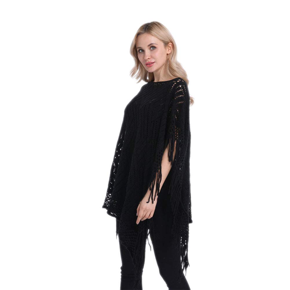 Bontand Women's Black Pullover Cape Soft Cozy Knit Fringed Shawl Wrap Crochet Hook Irregular Poncho For
