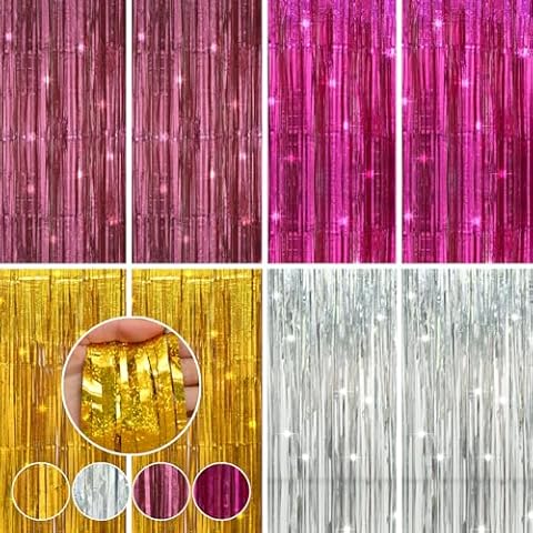 8 Pack Fringe Backdrop, Silver Gold Pink Shiny Metallic Tinsel Foil Fringe Curtains Streamers Party Decorations for Birthday Wedding Bachelorette Baby Shower Holiday Photo Booth Props Cover