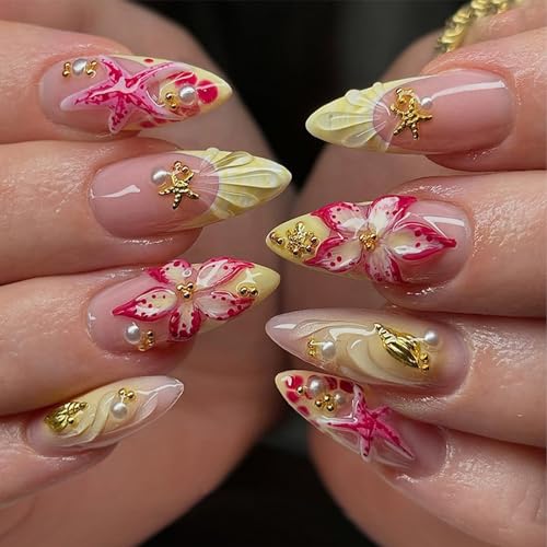 Pastel Yellow Summer Press on Nails Medium Almond Fake Nails with...