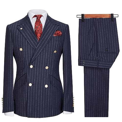 Men's 2 Piece Pinstripe Suit Double Breasted Formal Groomsmen Tuxedos Blazer Pant Sets