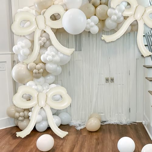 Image of 4 Pcs Bow Birthday Decorations Cream Bow Balloons for Girl Women Bow Themed Party Decorations Giant Foil Beige Balloons for Birthday Baby Shower Gender Reveal Wedding Decor Party Supplies