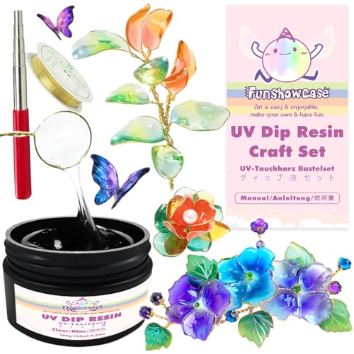FUNSHOWCASE UV Dip Resin for Wire Flower, DIY Wire Art Low Odor Handmade Set, Transparent UV Dip Resin-100ml, 4mm(0.15inches) Copper Wire roll 7m(22.9fts), Winding Rod Size 5mm-9mm(0.19-0.35inches)