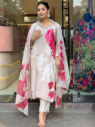 Image of Naixa Women's Natural Crepe Embroidered and Printed Straight Kurta with Pant and Dupatta Sets (M-Meghna)
