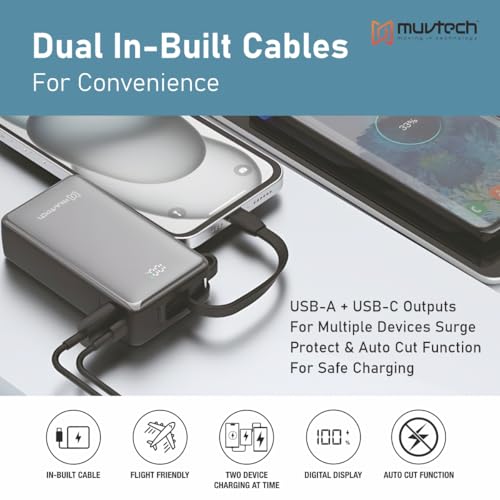 Image of Muvtech Mini Mate Portable Power Bank 10000mAh Fast Charging | Built-in Type-C Cable, Pocket Size, Smart Digital Display USB & Type C Powerbank | Compatible with Samsung, iPhone & Pixel & More