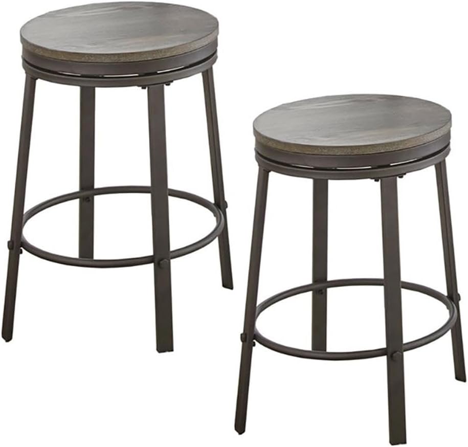BOWERY HILL Bar Stool Chair Set of 2 in Gray | Seat Height 24" | with Rotating Round Seat, Footrest | Indoor for Dining Room Kitchen Counter Table