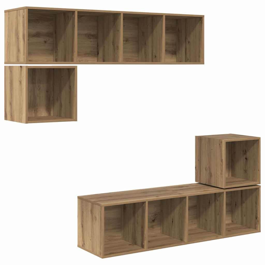 TV-Schrankset Wandmontiert 4-teilig, Artisan-Eiche Holzwerkstoff, Modernes Media-Center, Platzsparendes Design, für Wohnzimmer und Schlafzimmer
