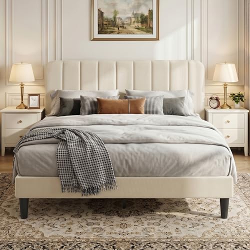 VECELO Upholstered Double Bed Frame with Velvet Headboard 135 × 190 cm Platform Bed with Wooden Slats Support Noise Free No Box Spring Needed Easy Assembly Beige