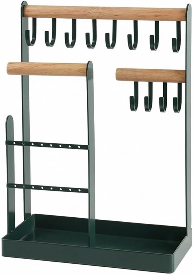Jewelry Display Wooden & Metal Jewelry Organizer Stand with Hooks Tray for Necklaces Earrings Bracelets(Green)