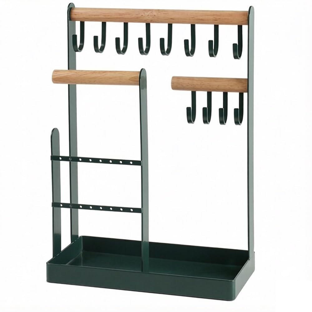 FAJNUZI2024 Jewellery Display Stand Wooden & Metal Jewelry Organizer Stand with Hooks Tray for Necklaces Earrings Bracelets(Green)