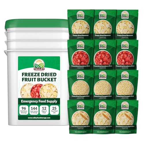 Image of Valley Food Storage Freeze Dried Fruit Bucket | 12 Pouch Emergency Food Supply | Non-GMO Survival Food with 25 Year Shelf Life | Camping Snacks, Long Term Food Storage & Prepper Supplies | Packaged in USA