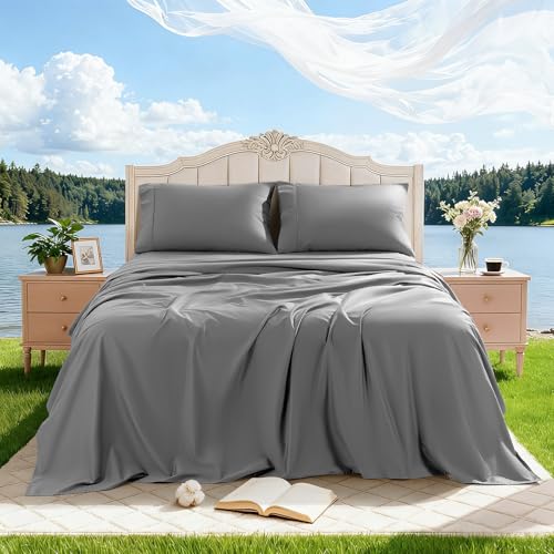 Image of 100% Egyptian Cotton Sheet Set 4 Pcs Queen Size Sheets 1000 Thread Count Breathable Soft Bedding Set Fitted Sheet with 16 inch Deep Pocket (Queen, Gray)