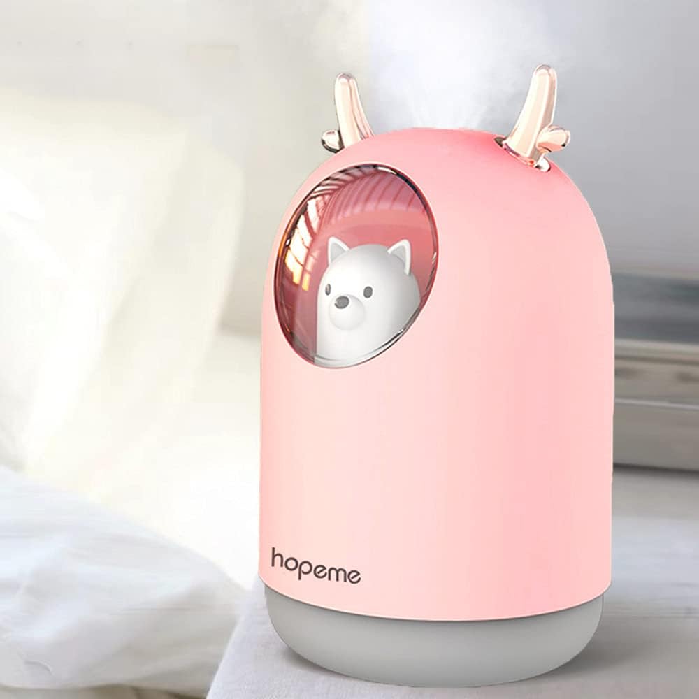 Cute Pet Humidifier with Two Spray Modes, 300ml Water Tank Lasts Up to 10 Hours, 7 Color LED Lights Changing, Waterless Auto Shut-off for Bedroom, Home, Office (Pink)