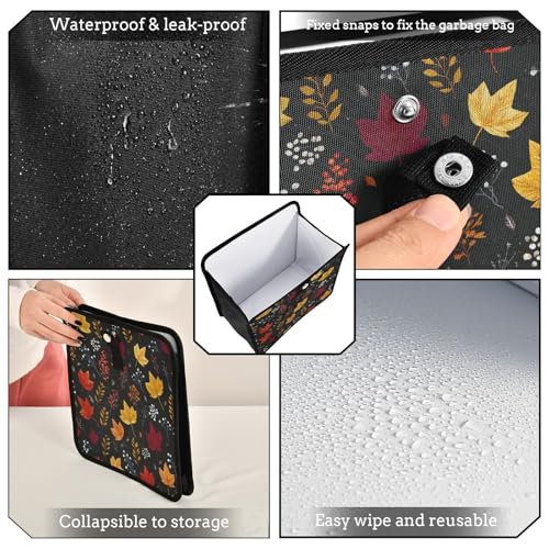 Image of Car Trash Can Organizer Bin with Adjustable Strap for Back Front Seat Console Waterproof Leakproof Collapsible Portable 8.66 Inch Autumn Leaf Pattern Black