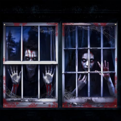 2 Unidades Pegatinas Halloween Ventana, Espeluznante Pegatinas Ventana Halloween Pareja de Fantasmas Animada Tela Cortina Decoración para Interiores Exteriores Decoración Fiestas Accesorios