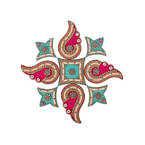 Designer Floor Rangoli Designer Reusable Rangoli Acrylic Rangoli Indian Traditional Home Decor Gift for Interior Housewarming Festival Decorations and Gifting (Size:- 12&Prime;)(Blue and Pink)