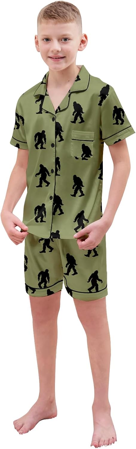 Boys Silk Pajamas Set Button Down Short Sleeve 2 Piece Sleepwear, Orangutan Green, 11-12 Years = Tag 160 - Image 3