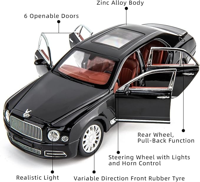 Image of Bentley MULSANNE 1:24 Diecast Scale Model Metal Pull Back Toy car for Kids with Openable Doors & Light, Music Toy Vehicle for Kids (Black)