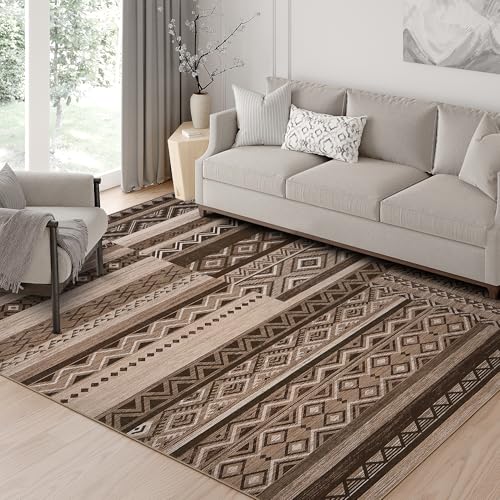 GarveeHome Vintage Geometric Patchwork Rug for Living Room 5x7 Machine Washable Throw Rug, Non-Slip Low-Pile Indoor Tribal Carpet, Indoor Foldable Floor Cover for Bedroom Office Under Table, Brown