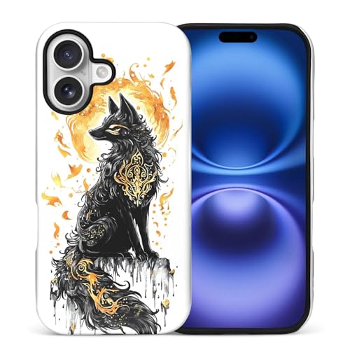 Coque iPhone 17 silicone intégrale à 2 couches mates avec motif loup noir et flamme dorée