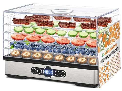 Food Dehydrator for Jerky, 5 BPA-Free Trays 400W Compact Dehydrator Machine for Meat, Fruits, Mushroom, Herbs, Dog Treats, Digital Adjustable Timer & Temperature Control, Recipes included