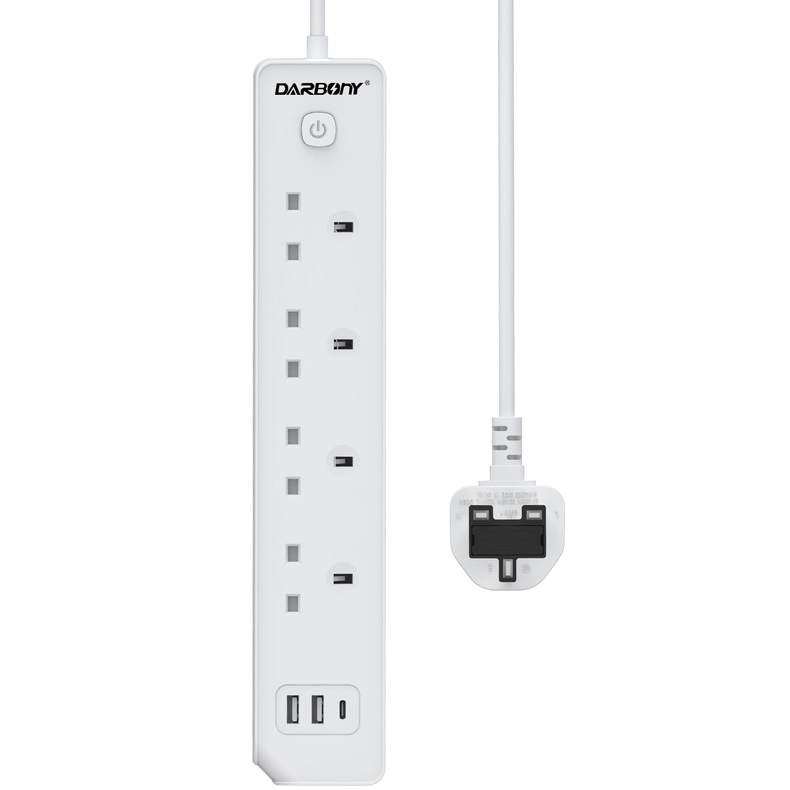 Verlängerungsleitung mit 4 USB Steckdosen, 3680W 13A Stecker Verlängerung Überspannungsschutz 4 Way Steckdosen Mehrfachsteckdose mit Schalter mit 1.8m Kabel für Hause, Küche Weiß Internationaler