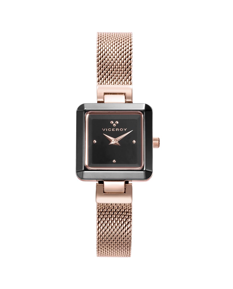 Viceroy401182-57, Reloj Mujer Cerámica, Estilo Informal, Caja Acero y Cerámica, Esfera Negra, Malla de Acero Rosado, Impermeable 30m