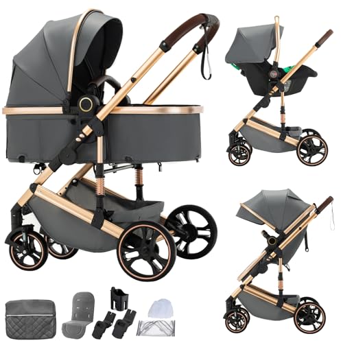 BEBBY Poussette 3 en 1, Poussettes Combinée Portable Pliant en Un Clic，Poussettes Citadines Avec Siège Auto, Poussette Canne Paysage Haut Cadre en Aluminium Pour...