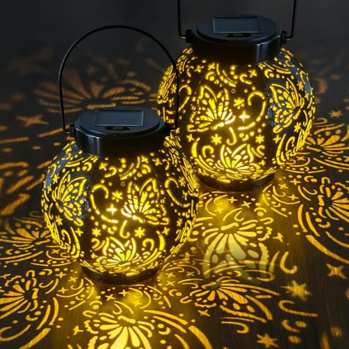 2026 Newest Solar Lanterns Light KALAHOL 2 Pack Solar Lanterns Garden Ornaments Outdoor with Beautiful Pattern IP44 Hanging Solar Lights Outdoor Garden for Outside Table Patio Balcony Courtyard