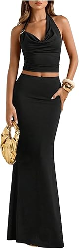 MakeMeChic Women's Two Piece Sets Skirt Sets Halter Tops and Maxi Skirt Going Ou
