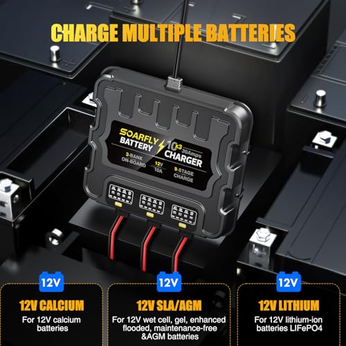 Image of 3 Bank Marine Battery Charger, 12V 30A (10A /Bank) Smart Waterproof Onboard Boat Battery Charger, Battery Maintainer & Desulfator for SLA /AGM /Lithium (LiFePO4), Calcium and Deep-Cycle Batteries
