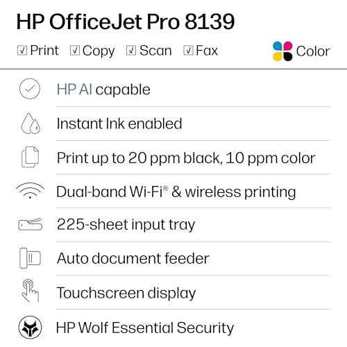 Image of HP OfficeJet Pro 8139 Wireless All-in-One Color Inkjet Printer, Print, Scan, Copy, Fax, ADF, Duplex Printing Best-for-Home-Office, 1 Year Trial of Instant Ink Included, AI-Capable (C2VK3A)