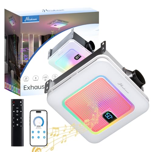 Hawkrown Smart Bathroom Exhaust Fan with Bluetooth Speaker 230 CFM 1.0 Sone Exhaust Fan with Humidity & Odor Sensor Remote/App/Voice Control Adjustable LED Lighting & Dynamic RGB Mood Light (Pink)