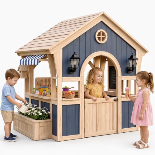 Kids Outdoor Wooden Playhouse, Backyard Play House with Pretend Kitchen Sink Counter, Awning, Flower Planter Box & Chalkboard, Safe & Durable Cedar Wood Cottage for Kids 3‑8 Years Old – Light Beige