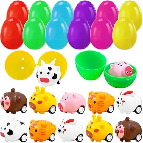 12 Pack Easter Eggs with Animal Pull Back Car Toys,Plastic Eggs with Mini Animal Car Toys,Easter Eggs with Cartoon Pull Back Animal Toys for Kids Easter Basket Stuffers,Egg Hunts,Easter Party Favor Cover