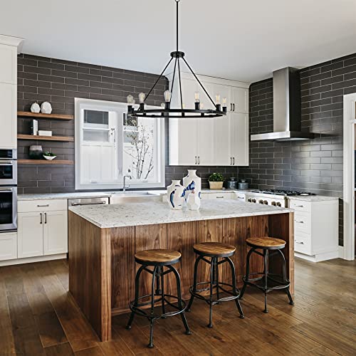 Kira Home Jericho 42" 12-Light Large Industrial Rustic Farmhouse Wagon Wheel Chandelier, Round Kitchen Island Light, Black Finish #TOP2
