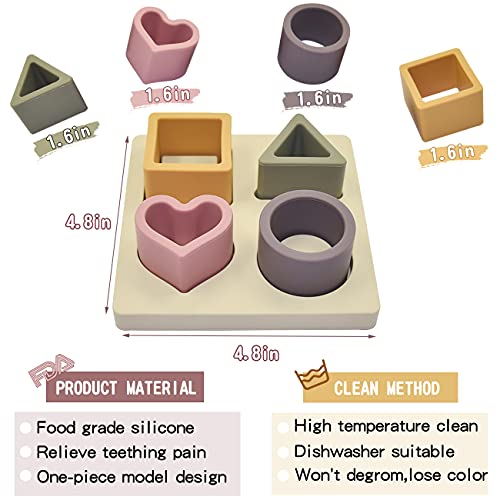 Image of Baby Soft Nesting Sorting Stacking Toys Silicone Teething Blocks Shapes Recognition Learning Development Toys for Toddler 3+ Months(Beige)